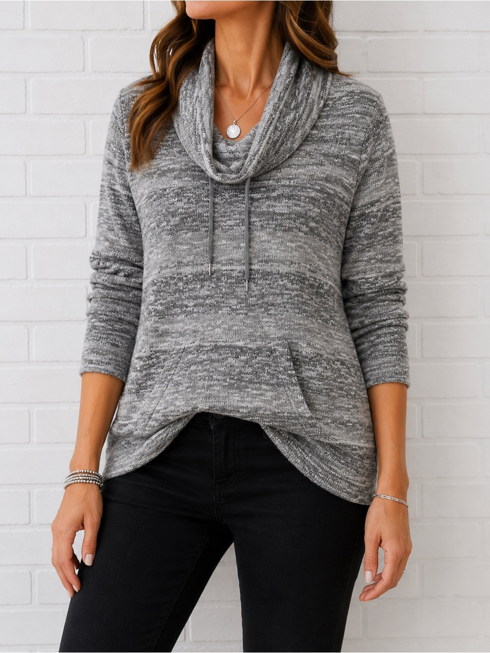 Ruby Rd Gray Silver Metallic Cowl Neck Rayon Knit Sweater Medium